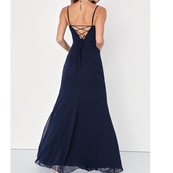 Lulus NWT Feeling Elegant Navy Blue Lace-Up Slit Chiffon Maxi Dress Medium - Picture 6 of 11